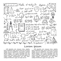 Illustration with hand drawn mathematics formules and other elemets. Science collection. Vector.