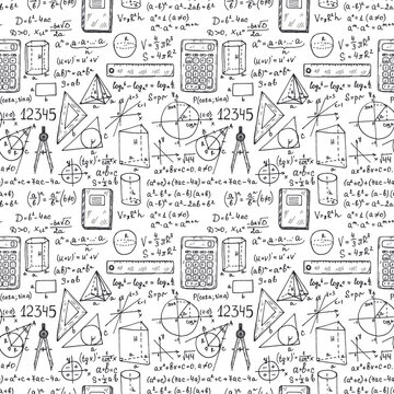 Seamless pattern with hand drawn mathematics formules and other elemets. Science collection. Vector doodlle illustration