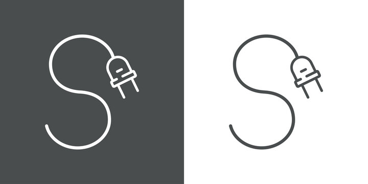Concepto energ&iacute;a el&eacute;ctrica. Logotipo lineal letra inicial S con enchufe el&eacute;ctrico con cable en fondo gris y fondo blanco