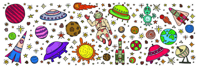 Banner with cute hand drawn space objects: stars, rockets, planets, moon, sun etc. Hand-drawn vector collection