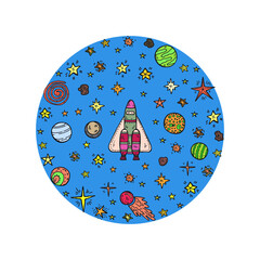 Composition with cute hand drawn space objects: stars, rockets, planets, etc. Hand-drawn vector collection