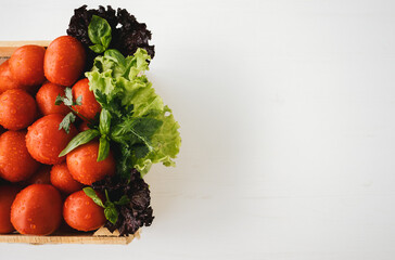 Top view of fresh vegetables on white background.