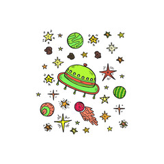 Composition with cute hand drawn space objects: stars, rockets, planets, etc. Hand-drawn vector collection