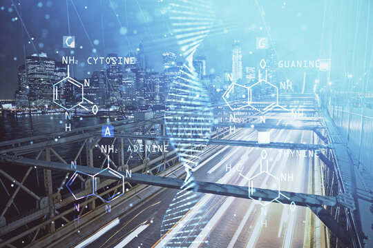 Double exposure of DNA drawing and cityscape background. Concept of education.