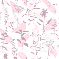 Vector floral seamless pattern. Realistic hand drawn flowers and leaves in pastel colors on white background.