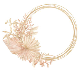 Watercolor frame with dried plants and leaves in gold color. Aesthetic gently wreath in boho style with palm leaf, eucalyptus, foliage, nature element. Elegant invitation for wedding, business card