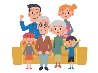 3世代家族がソファーでくつろぐ