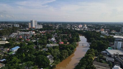 Drone aerial view of Northern Thailand's city Chiang Mai, the so called 