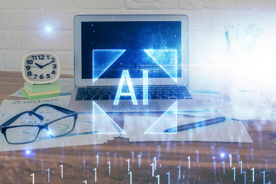 Multi exposure of desktop with computer on background and tech theme drawing. Concept of big data.