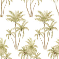 Fototapeta na wymiar Watercolor seamless pattern with tropical palm trees. Coconut palm. Gently green background with wildlife jungle elements. Aesthetic vintage wallpaper, wrapping