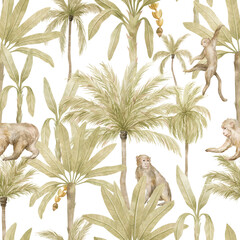Watercolor seamless pattern with tropical monkey and palm trees. Banana palm, capuchin. Gently  background with wildlife jungle elements. Aesthetic vintage wallpaper, wrapping, textile - 375333044