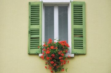 Fototapeta na wymiar Old Window with Green Shutter and Flowers.