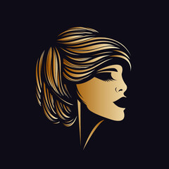 Woman with short, wavy hairstyle and elegant makeup.Beauty and hair salon logo.Cosmetics and spa icon.Young lady portrait isolated on dark background.Beautiful blonde girl face.