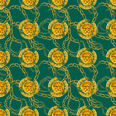 golden damask seamless pattern. Watercolor baroque vintage gold lace ornament. luxury textile print with lion
