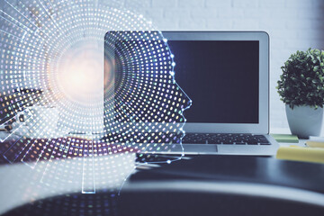 Double exposure of work space with computer and human brain drawing hologram. Brainstorm concept.