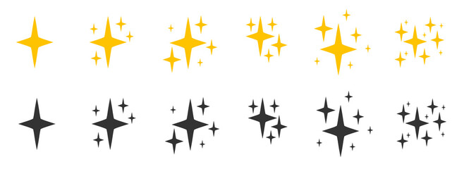 Balck and yellow flat sparkles symbols icon set. Silhouette of glitter bright different shape, burst firework glowing light effect. Decoration starry twinkle shiny flash. Isolated vector illustration