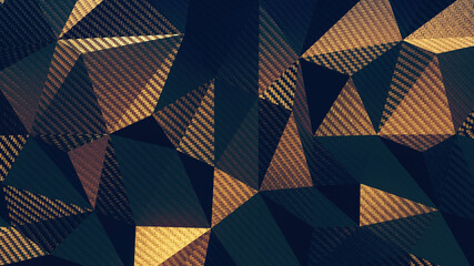 Carbon dark gold triangular polygonal geometric background. 3D rendering