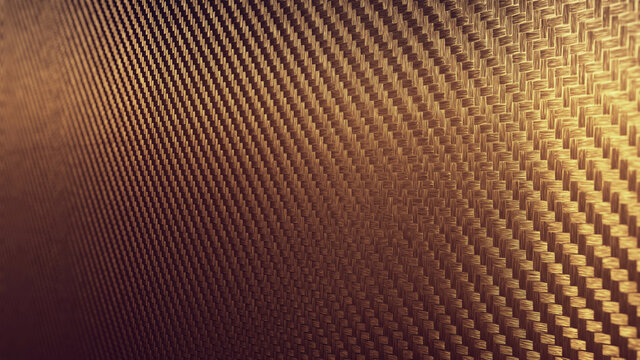 Carbon gold fiber background. Dark with lighting. 3D rendering