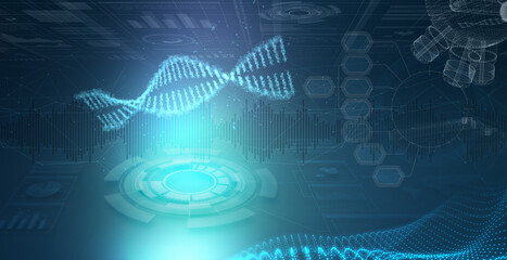 The futuristic background represents scientific research in the medical field. Representation of a synthetic DNA helix, 3d illustration