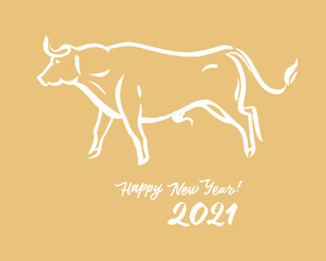 Vector drawing of a bull. Symbol of the new year 2021. Ox silhouette with grunge texture. Hand drawn illustration.