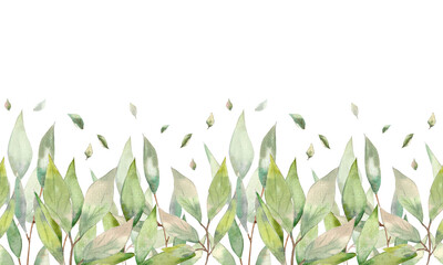 Watercolor illustration. Seamless pattern in the form of a border from elements of flora. Green branches and laurel leaves in a seamless