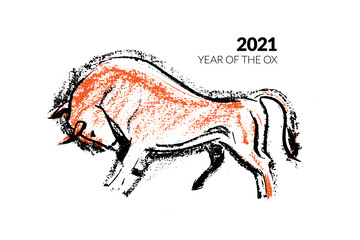 Vector drawing of a bull on a white background. Symbol of the new year 2021. Ox silhouette with grunge texture. Vector hand drawn illustration on white background.