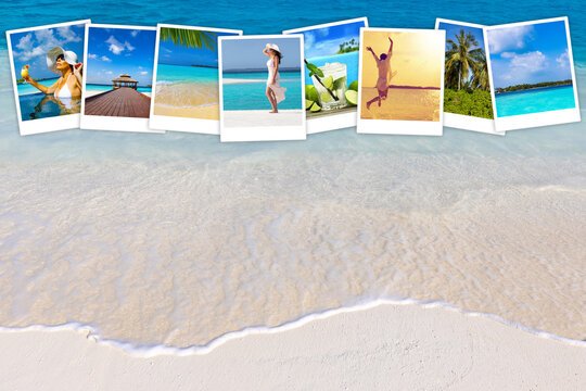 collection of photographs of moments on vacation in a paradise island, concept of travel and vacation. In the background, a closeup of a beach of soft sand bathed by transparent waves