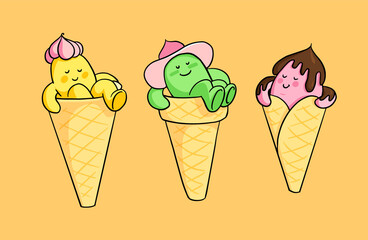 Ice cream cone characters. Vector illustration.