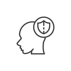 Human head with shield line icon. linear style sign for mobile concept and web design. Mental health protection outline vector icon. Symbol, logo illustration. Vector graphics