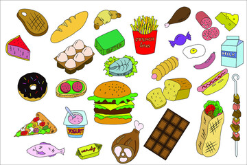 Food. Fast food. Ready meals. Vector. Sketch. Thematic selection