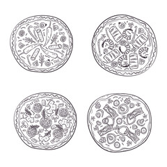 Vector illustration with hand drawn pizza. Set of four different types of pizza. 
