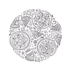 Vector illustration with hand drawn pizza and pizza igridients