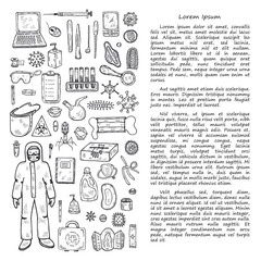Set with hand drawn virolory icons and other elemets. Science collection. Vector doolle illustration