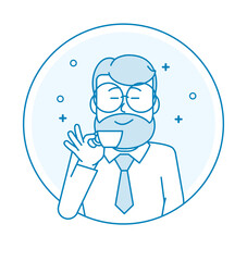 Emblem or coffee cup holder. Man in glasses and with a beard drinks coffee with his eyes closed with pleasure. Illustration in line art style. Vector
