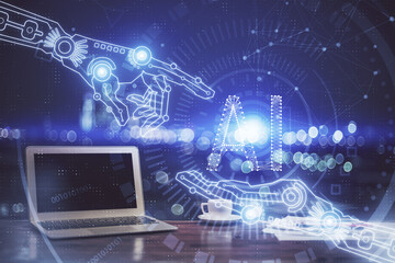 Double exposure of computer and technology theme drawing. Concept of innovation.