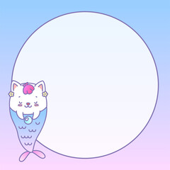 Kawaii notebook page template. Illustration of a little cat mermaid on a pastel gradient background with circle place for text. Vector 10 ESP.