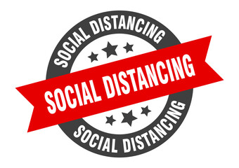 social distancing sign. round ribbon sticker. isolated tag