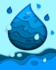 Fresh water. Banner design template. Abstract water drop paper cut style. Save water earth recourses ecological concept for environmental infographic. Vector illustration.
