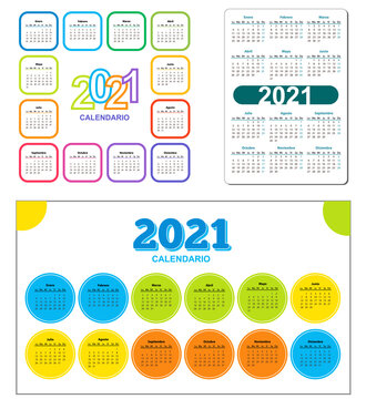 Set Color calendar 2021 year, spanish. Circle and square shape. Week starts from Monday. Vector template calendar for business on white background. circle color frame.