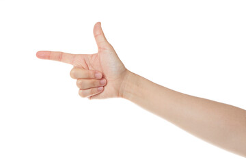 a woman's hand pointing to one side.