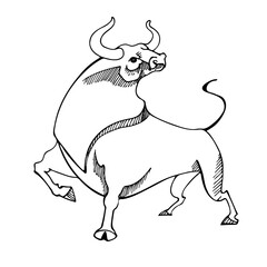 Vector drawing of a bull with a red sunrise, with big horns, linear drawing in retro style, Chinese Happy New Year 2021. logo, poster with the symbol of 2021 bull, buffalo, cow. Lunar horoscope sign.