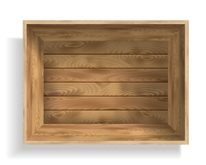 Empty open wooden box isolated on white background. Top view.