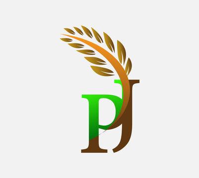 initial letter logo PJ, Agriculture wheat Logo Template vector icon design colored green and brown.