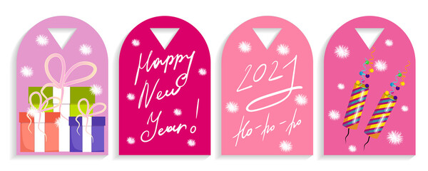 Naklejka premium Set of Christmas tags isolated on a white background. Tags with inscriptions, firecrackers and gifts, decorated with snowflakes. Vector illustration in a flat style. Greeting cards.