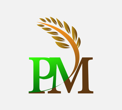 initial letter logo PM, Agriculture wheat Logo Template vector icon design colored green and brown.