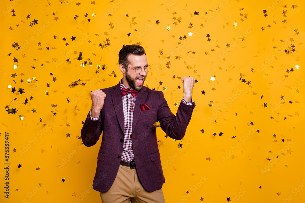 Sticker photo of handsome wealthy clothes stylish guy business man well-dressed confetti falling successful 