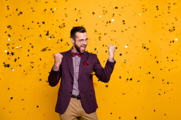 Photo of handsome wealthy clothes stylish guy business man well-dressed confetti falling successful...