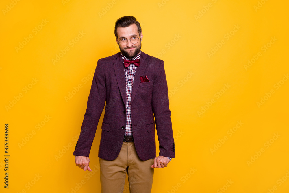 Poster Photo of handsome cool clothes stylish guy boyfriend shy look girlfriend prom party inviting dance wear specs tie bow plaid shirt blazer isolated yellow vibrant vivid color background