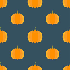 Orange pumpkins on calm gray-blue background. Seamless autumn vegetable flat pattern. Suitable for packaging, textile, wallpaper.