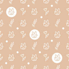 Seamless background with cute drawn rabbits or hares and Botanical patterns . For children's fabrics, textiles, wrapping paper.